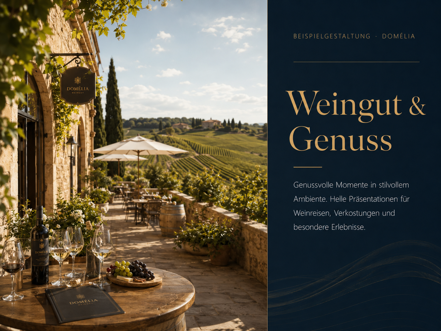 Weingut mit Terrasse und Landschaft am Tag