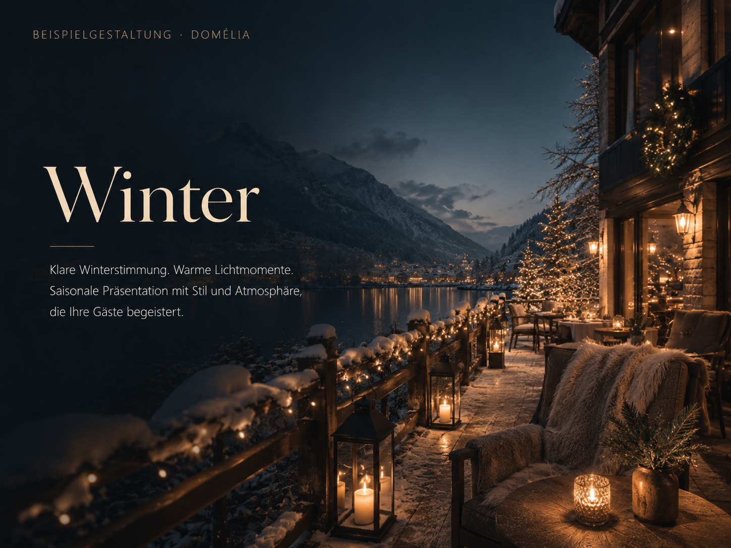 Winterabend auf einer beleuchteten Berghütte
