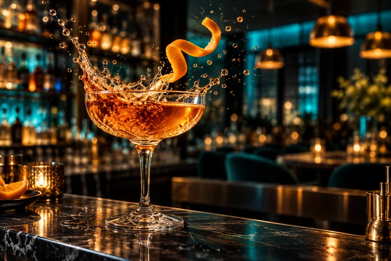 Dynamisch inszenierter Drink mit Orangenzeste, spritzender Flüssigkeit und warmem Barlicht
