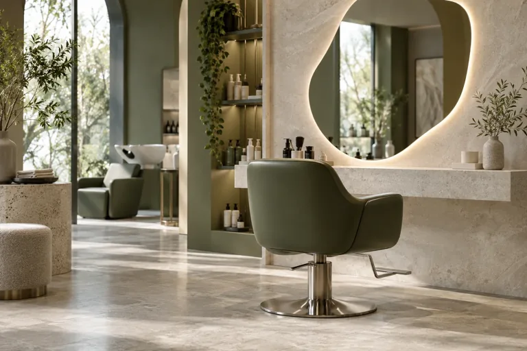 Heller stilvoller Friseursalon mit Spiegel und Salonstuhl