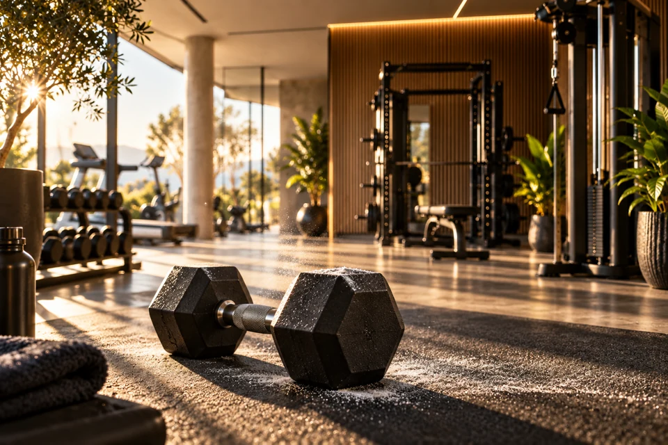 Hantel im Vordergrund eines modernen Fitnessstudios mit warmem Sonnenlicht