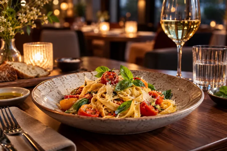 Appetitlich angerichtete Pasta auf einem einladend gedeckten Restauranttisch