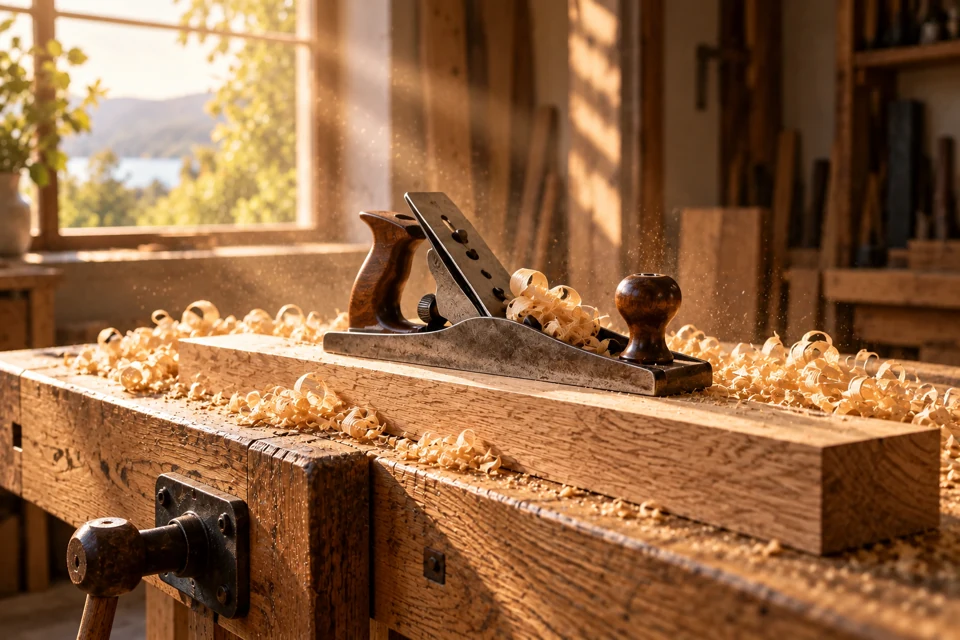Holzhobel auf einer Eichenwerkbank mit feinen Spänen im warmen Sonnenlicht