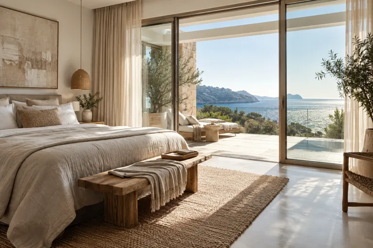 Helles Schlafzimmer einer Ferienunterkunft mit Blick auf einen sonnigen Meerbalkon