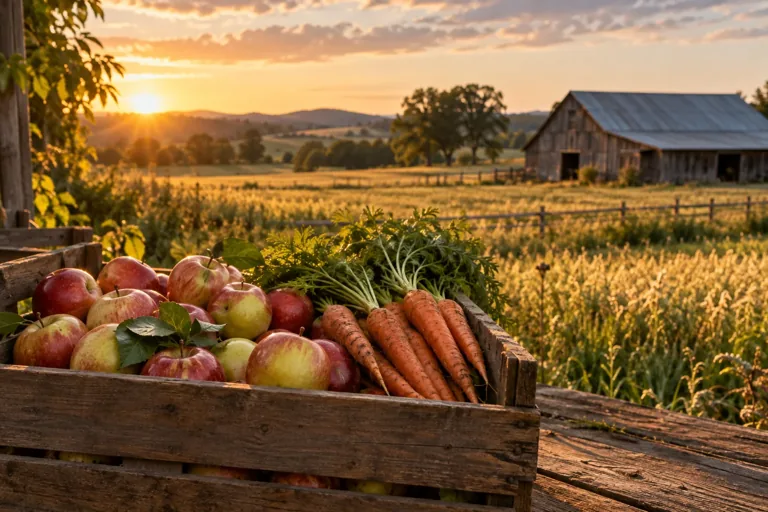 Frische Äpfel und Karotten vor einem Hof und goldenen Feldern
