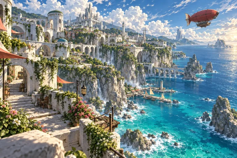 Fantasievolle Manga-Küstenstadt über türkisblauem Meer