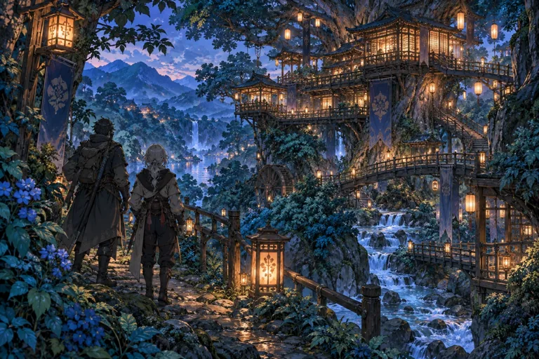 Laternenbeleuchtetes Baumhaus in einer erfundenen Manga-Waldwelt