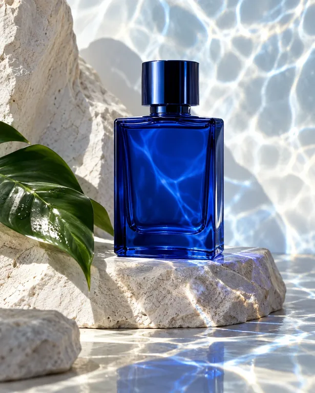 Blauer Glasflakon auf hellem Stein mit Wasserreflexen