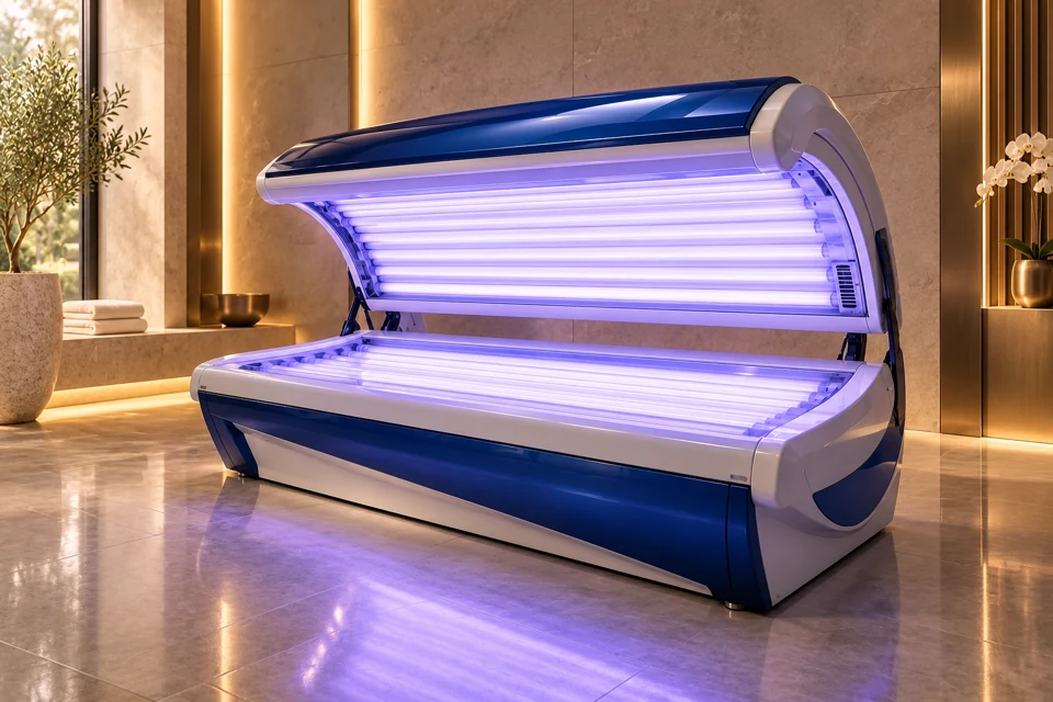 Modernes Sonnenstudio mit geöffnetem Solarium und sanfter violetter Beleuchtung