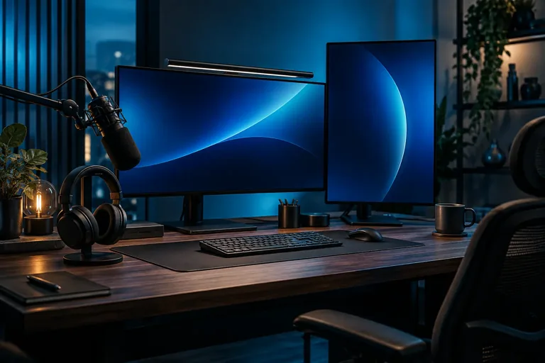 Blau beleuchteter Creator-Arbeitsplatz mit Monitoren und Mikrofon